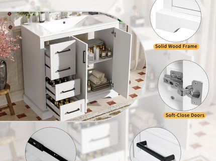 Bathroom Vanity With Sink, Soft Close Doors, Adjustable Shelf & 3 Drawers