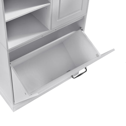 Modern Tall Storage Cabinet With Adjustable Shelves, Flip-Out Basket & Enclosed Doors