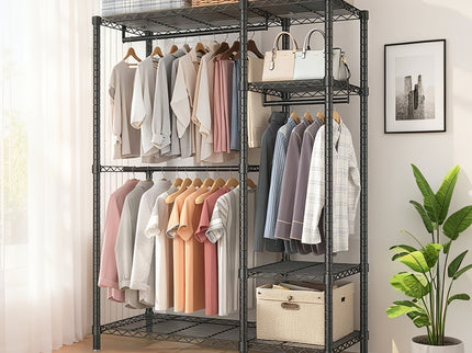 Freestanding Clothes Rack, With 6 Adjustable Wire Shelves And 3 Garment Rails - Black