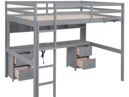 Loft Bed With Desk, Cabinets, Drawers, Charging Station And Bedside Tray