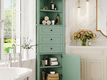 Tall Storage Cabinet With 3 Drawers And Adjustable Shelves For Bathroom