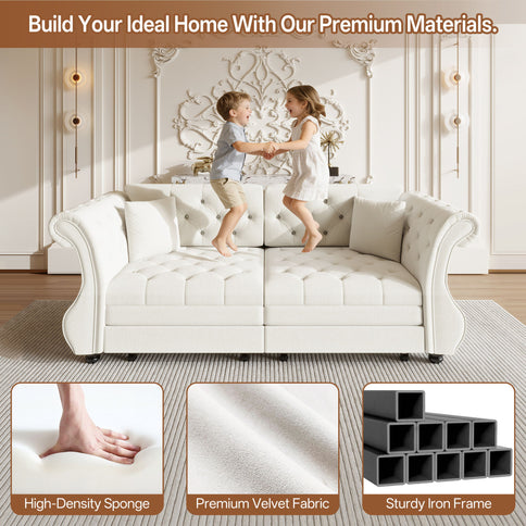 Oversized Chesterfield Pull Out Sofa Bed, Roll Arm Couch With Flower Tufting For Living Room