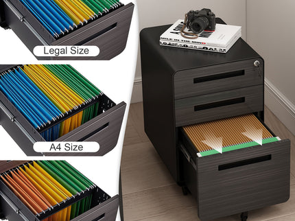 3 Drawer Mobile File Cabinet Under Desk Office, Simple Style Versatile Storage Cabinet For Legal / Letter / A4 Files, 5 Wheel Design Anti-Tilting Cold Rolled Steel Waterproof Moisture-Proof
