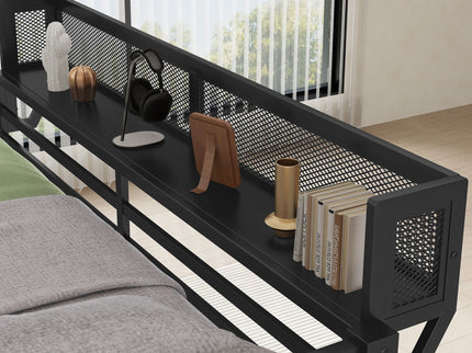 Queen Over Queen Bunk Bed With Ladder And Storage Shelf - Black