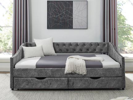 Upholstered Tufted Daybed With Drawers, Waved Arms