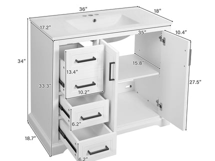 Bathroom Vanity With Sink, Soft Close Doors, Adjustable Shelf & 3 Drawers