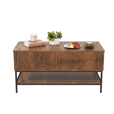 Rectangle Lift Top Coffee Table With Hidden Storage And Lower Shelf - Brown