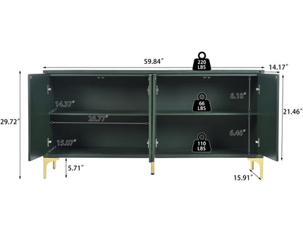 Modern Wood Sideboard Cabinet With Carved Door Panels, Adjustable Shelves, And Sturdy Metal Legs