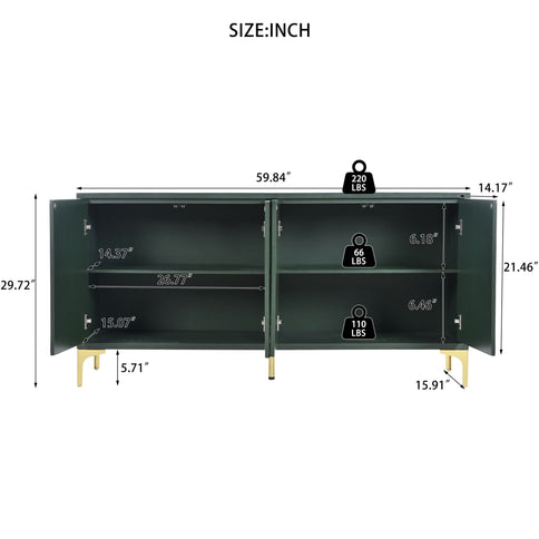 Modern Wood Sideboard Cabinet With Carved Door Panels, Adjustable Shelves, And Sturdy Metal Legs