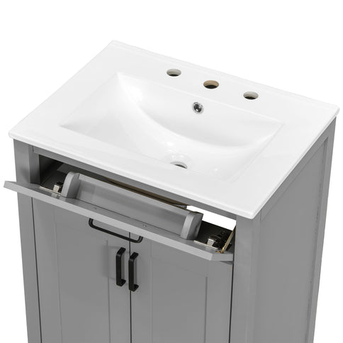 Bathroom Vanity With Ceramic Sink, Soft Close Doors, Flip Drawer, Double Layer Door Shelves