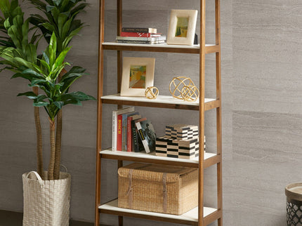 Mid - Century Design 5 Shelf Bookcase - Off White / Pecan