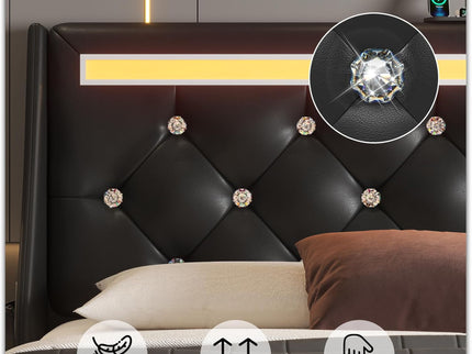 Wingback Upholstered Bed Frame With LED Lights, Charging Station