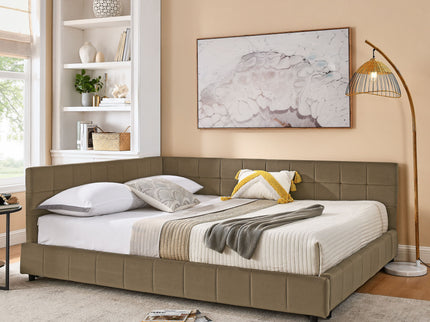Mid-Century Storage Upholstered Tufted Bed Frame With Backrest And Armrests