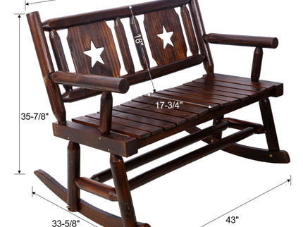 Rustic Outdoor Wood Rocking Bench Double Rocking Chair For 2 Persons With Curved Seat, Porch Rocker - Brown