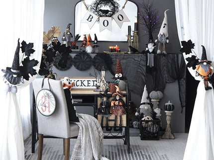 Sitting Gnome With Broomstick & Long Legs, For Halloween Decor - Black White