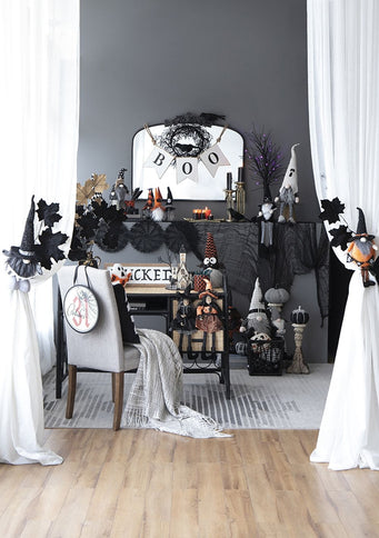 Sitting Gnome With Broomstick & Long Legs, For Halloween Decor - Black White
