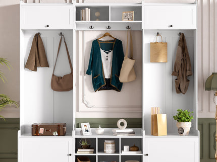 Wide Hall Tree With Shoe Storage, 4 In 1 Entryway Bench With 8 Cubbies, 7 Coat Hooks & Adjustable Shelf For Hallway - White
