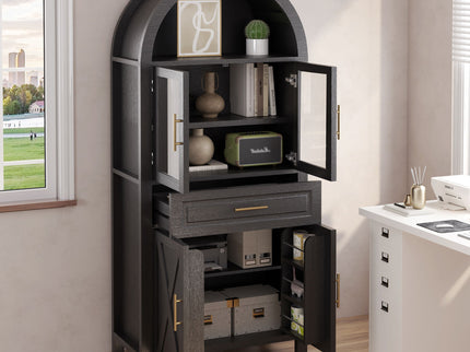 Arched Kitchen Pantry Cabinet With Adjustable Shelves & Barn Door Design