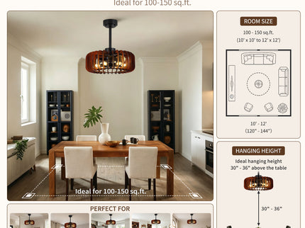 Ceiling Fan, Fandelier With 6 E12 Sockets, Reversible DC Motor, 6 Speeds, Remote Control, Adjustable Hanging - Black / Brown