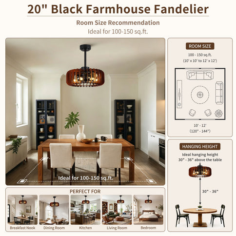 Ceiling Fan, Fandelier With 6 E12 Sockets, Reversible DC Motor, 6 Speeds, Remote Control, Adjustable Hanging - Black / Brown