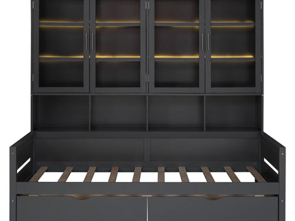 Daybed With Glass Door Storage Cabinets, Built In LED Lighting And Shelves