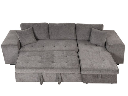 Modern L-Shape 3 Seat Reversible Sectional Couch, Pull Out Sleeper Sofa With Storage Chaise And 2 Stools For Living Room Furniture Set
