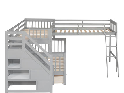 Solid L Shaped Bunk Bed With 3 Drawers, Ladder And Staircase