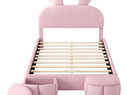 Full Upholstered Platform Bed With Cartoon Ears Headboard And LED Light - Pink