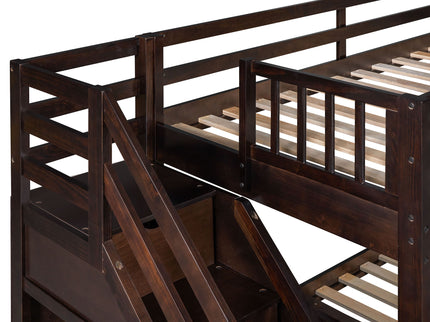Solid L Shaped Bunk Bed With 3 Drawers, Ladder And Staircase