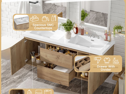 Double Sink Bathroom Vanity, Cabinet & Soft Close Doors, Divided Drawers, Wall Mounted Storage - Wood