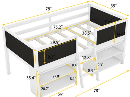 Low Loft Bed With Movable Shelves And Ladder, Decorative Chalkboard Guardrail