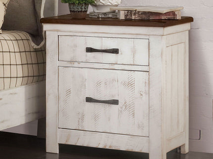 2 Drawer Nightstand With Brass Arch Pulls, Bedroom Furniture - Brown / Distressed White / Walnut