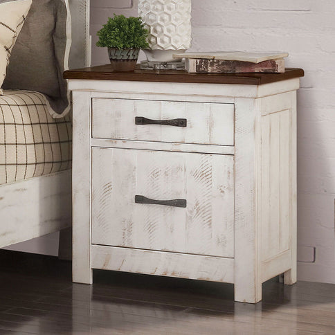 2 Drawer Nightstand With Brass Arch Pulls, Bedroom Furniture - Brown / Distressed White / Walnut