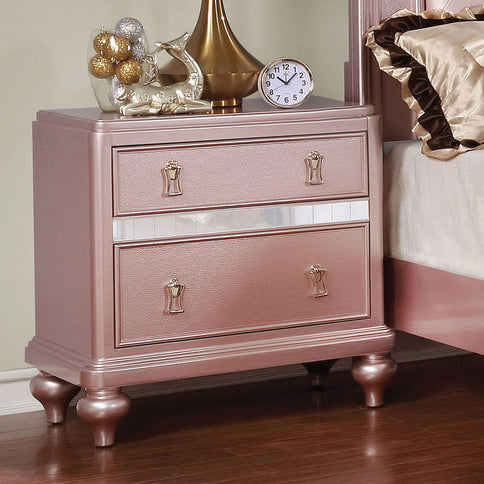 Nightstand With Mirror Accent Panels, 2 Drawer Design - Rose Gold