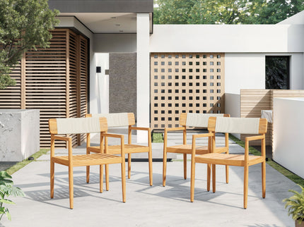 Creative Braided Acacia Wood Outdoor Dining Table And Chairs With Armrests (Set of 2) - Teak / White
