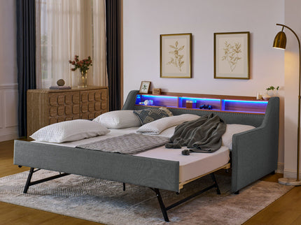 Upholstered Sofa Bed With LED Lights, Storage Headboard, Foldable Trundle & Wireless Charging