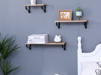 Floating Shelves, Long Wall Shelves (Set of 3), Wall Mounted Shelves & Brackets For Bedroom - Natural Wood