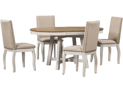 Round Extendable Dining Table Set With 4 Upholstered Chairs