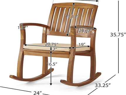 Acacia Wood Outdoor Patio Rocking Chair With Cushion (Set of 2) - Natural / Cream