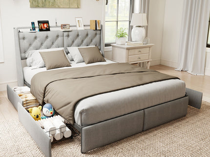 Platform Bed Frame With RGB LED Lights, Charging Station, Storage Headboard & 4 Underbed Drawers