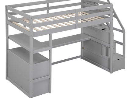 Loft Bed With Desk, Shelves, 2 Drawers, Storage Staircase