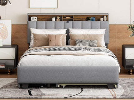 Upholstered Platform Bed With Storage Headboard, Trundle & 2 Drawers And A Set Of Sockets & USB Ports