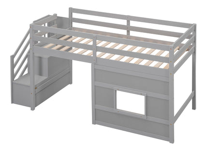 Loft Bed With Storage Staircase, Window & LED Light