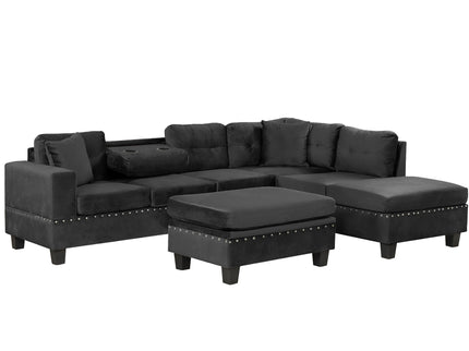Modern Sectional Sofa With Storage Ottoman, L - Shape Couch With 2 Pillows And Cup Holders