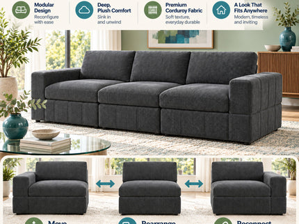 Oversized Modular Sectional Sofa 3 Piece Set For Living Room - Dark Gray
