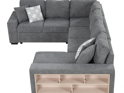 U-Shaped Sectional Sofa Pull-Out Sofa Bed With Two USB Ports, A Storage Chaise Lounge And Four Back Pillows For Living Room
