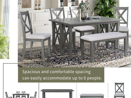Foldable Dining Set For 6 With 4 Chairs And Bench, Space Saving Design - Gray