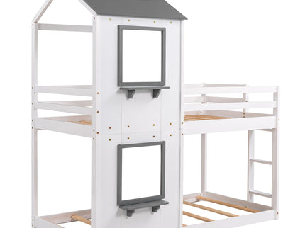 Bunk Bed Wood Bed & Roof, Window, Guardrail, Ladder