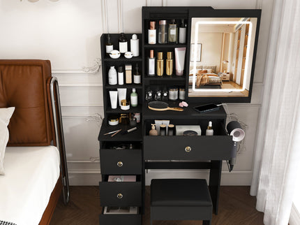 Vanity Desk With 3 LED Lighting Modes, 4 Drawers, Open Shelves, Hair Dryer Holder & Power Socket Dressing Table Set With Chair - Black