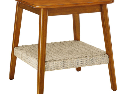 Mid - Century Square Side Table With Woven Shelf - Walnut
